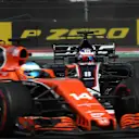 Fernando Alonso (ESP) McLaren MCL32 and Romain Grosjean (FRA) Haas VF-17 battle at Formula One World Championship, Rd18, Mexican Grand Prix, Race, Circuit Hermanos Rodriguez, Mexico City, Mexico, Sunday 29 October 2017. © Kym Illman/Sutton Images