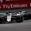 Grosjean (FRA) Haas VF-17 and Hamilton (GBR) Mercedes-Benz F1 W08 Hybrid battle at Formula One World Championship, Rd18, Mexican Grand Prix, Race, Circuit Hermanos Rodriguez, Mexico City, Mexico, Sunday 29 October 2017. © Manuel Goria/Sutton Images