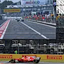 Sebastian Vettel (GER) Ferrari SF70-H on lap 2 and Lewis Hamilton (GBR) Mercedes-Benz F1 W08 Hybrid in pit lane on the screen at Formula One World Championship, Rd18, Mexican Grand Prix, Race, Circuit Hermanos Rodriguez, Mexico City, Mexico, Sunday 29 October 2017. © Mark Sutton/Sutton Images