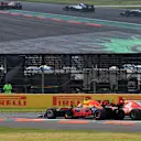 Max Verstappen (NED) Red Bull Racing RB13 and Sebastian Vettel (GER) Ferrari SF70-H battle at the start of the race at Formula One World Championship, Rd18, Mexican Grand Prix, Race, Circuit Hermanos Rodriguez, Mexico City, Mexico, Sunday 29 October 2017. © Mark Sutton/Sutton Images