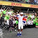 World Champion Hamilton (GBR) Mercedes AMG F1 celebrates with the team and the champagne at Formula One World Championship, Rd18, Mexican Grand Prix, Race, Circuit Hermanos Rodriguez, Mexico City, Mexico, Sunday 29 October 2017. © Mark Sutton/Sutton Images