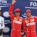 (L to R): Valtteri Bottas (FIN) Mercedes AMG F1, pole sitter Kimi Raikkonen (FIN) Ferrari and Sebastian Vettel (GER) Ferrari celebrate in parc ferme at Formula One World Championship, Rd6, Monaco Grand Prix, Qualifying, Monte-Carlo, Monaco, Saturday 27 May 2017. © Sutton Images