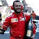 Ferrari mechanic celebrates with the trophy and the champagne in parc ferme at Formula One World Championship, Rd6, Monaco Grand Prix, Race, Monte-Carlo, Monaco, Sunday 28 May 2017. © Sutton Images