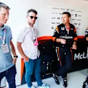 Cyclists Mark Cavendish (GBR) and Mark Renshaw (RSA) in the McLaren garage at Formula One World Championship, Rd6, Monaco Grand Prix, Race, Monte-Carlo, Monaco, Sunday 28 May 2017. © Sutton Images