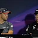 Jenson Button (GBR) McLaren and Esteban Ocon (FRA) Force India in the Press Conference at Formula One World Championship, Rd6, Monaco Grand Prix, Preparations, Monte-Carlo, Monaco, Wednesday 24 May 2017. © Sutton Images