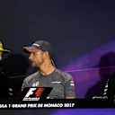 Hulkenberg (GER) Renault Sport F1 Team, Button (GBR) McLaren and Esteban Ocon (FRA) Force India in the Press Conference at Formula One World Championship, Rd6, Monaco Grand Prix, Preparations, Monte-Carlo, Monaco, Wednesday 24 May 2017. © Sutton Images