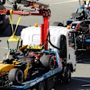The crashed cars of Jolyon Palmer (GBR) Renault Sport F1 Team RS17 and Romain Grosjean (FRA) Haas VF-17 are recovered at Formula One World Championship, Rd4, Russian Grand Prix, Race, Sochi Autodrom, Sochi, Krasnodar Krai, Russia, Sunday 30 April 2017. © Sutton Motorsport Images
