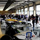 A line-up of Williams F1 cars in the garage at Williams, British Grand Prix Preview Day, Silverstone, England, 2 June 2017. © Sutton Images