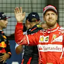 Pole sitter Sebastian Vettel (GER) Ferrari celebrates in parc ferme at Formula One World Championship, Rd14, Singapore Grand Prix, Qualifying, Marina Bay Street Circuit, Singapore, Saturday 16 September 2017. © Sutton Images