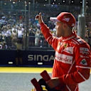 Pole sitter Sebastian Vettel (GER) Ferrari celebrates in parc ferme at Formula One World Championship, Rd14, Singapore Grand Prix, Qualifying, Marina Bay Street Circuit, Singapore, Saturday 16 September 2017. © Sutton Images