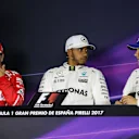 Sebastian Vettel (GER) Ferrari, pole sitter Lewis Hamilton (GBR) Mercedes AMG F1 and Valtteri Bottas (FIN) Mercedes AMG F1 in the Press Conference at Formula One World Championship, Rd5, Spanish Grand Prix, Qualifying, Barcelona, Spain, Saturday 13 May 2017. © Sutton Motorsport Images