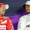 Sebastian Vettel (GER) Ferrari and pole sitter Lewis Hamilton (GBR) Mercedes AMG F1 in the Press Conference at Formula One World Championship, Rd5, Spanish Grand Prix, Qualifying, Barcelona, Spain, Saturday 13 May 2017. © Sutton Motorsport Images