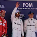 (L to R): Vettel (GER) Ferrari, Hamilton (GBR) Mercedes AMG F1 and Bottas (FIN) Mercedes AMG F1 celebrate in parc ferme at F1 World Championship, Rd5, Spanish Grand Prix, Qualifying, Barcelona, Spain, Saturday 13 May 2017. © Sutton Motorsport Images