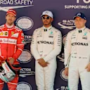 (L to R): Sebastian Vettel (GER) Ferrari, pole sitter Lewis Hamilton (GBR) Mercedes AMG F1 and Valtteri Bottas (FIN) Mercedes AMG F1 in parc ferme at Formula One World Championship, Rd5, Spanish Grand Prix, Qualifying, Barcelona, Spain, Saturday 13 May 20
