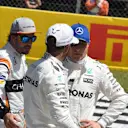Fernando Alonso (ESP) McLaren, Lewis Hamilton (GBR) Mercedes AMG F1 and Valtteri Bottas (FIN) Mercedes AMG F1 in parc ferme at Formula One World Championship, Rd5, Spanish Grand Prix, Qualifying, Barcelona, Spain, Saturday 13 May 2017. © Sutton Motorsport Images