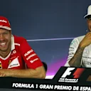 Race winner Lewis Hamilton (GBR) Mercedes AMG F1 and Sebastian Vettel (GER) Ferrari in the Press Conference at Formula One World Championship, Rd5, Spanish Grand Prix, Race, Barcelona, Spain, Sunday 14 May 2017. © Sutton Motorsport Images