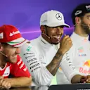 Sebastian Vettel (GER) Ferrari, Lewis Hamilton (GBR) Mercedes AMG F1 and Daniel Ricciardo (AUS) Red Bull Racing in the Press Conference at Formula One World Championship, Rd5, Spanish Grand Prix, Race, Barcelona, Spain, Sunday 14 May 2017. © Sutton Motorsport Images