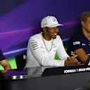 Max Verstappen (NED) Red Bull Racing, Lewis Hamilton (GBR) Mercedes AMG F1 and Marcus Ericsson (SWE) Sauber in the Press Conference at Formula One World Championship, Rd5, Spanish Grand Prix, Preparations, Barcelona, Spain, Thursday 11 May 2017. © Sutton Motorsport Images