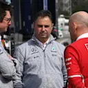 Andy Shovlin (GBR), Mercedes AMG F1 Chief Engineer, Ron Meadows (GBR) Mercedes AMG F1 Team Manager and Jock Clear (GBR) Ferrari Chief Engineer at Formula One Testing, Day Four, Barcelona, Spain, 2 March 2017. © Sutton Images