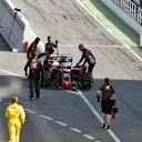 Kevin Magnussen (DEN) Haas VF-17 is pushed by mechanics in pit lane at Formula One Testing, Day One, Barcelona, Spain, 27 February 2017. © Sutton Images