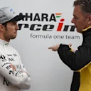 Sergio Perez (MEX) Force India and Mario Isola (ITA) Pirelli Sporting Director at Formula One Testing, Day Two, Barcelona, Spain, 8 March 2017. © Sutton Images