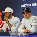 Sebastian Vettel (GER) Ferrari, Lewis Hamilton (GBR) Mercedes AMG F1, Valtteri Bottas (FIN) Mercedes AMG F1 in the Press Conference at Formula One World Championship, Rd17, United States Grand Prix, Qualifying, Circuit of the Americas, Austin, Texas, USA, Saturday 21 October 2017. © Kym Illman/Sutton Images