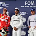 (L to R): Sebastian Vettel (GER) Ferrari, pole sitter Lewis Hamilton (GBR) Mercedes AMG F1 and Valtteri Bottas (FIN) Mercedes AMG F1 celebrate in parc ferme at Formula One World Championship, Rd17, United States Grand Prix, Qualifying, Circuit of the Americas, Austin, Texas, USA, Saturday 21 October 2017. © Mark Sutton/Sutton Images
