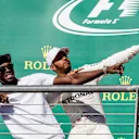 Usain Bolt (JAM) and race winner Lewis Hamilton (GBR) Mercedes AMG F1 celebrate on the podium at Formula One World Championship, Rd17, United States Grand Prix, Race, Circuit of the Americas, Austin, Texas, USA, Sunday 22 October 2017. © Manuel Goria/Sutton Images