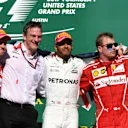 (L to R): Sebastian Vettel (GER) Ferrari, James Allison (GBR) Mercedes AMG F1 Technical Director, Lewis Hamilton (GBR) Mercedes AMG F1 and Kimi Raikkonen (FIN) Ferrari celebrate on the podium at Formula One World Championship, Rd17, United States Grand Prix, Race, Circuit of the Americas, Austin, Texas, USA, Sunday 22 October 2017. © Mark Sutton/Sutton Images