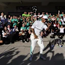 Race winner Lewis Hamilton (GBR) Mercedes AMG F1 celebrate with the team at Formula One World Championship, Rd17, United States Grand Prix, Race, Circuit of the Americas, Austin, Texas, USA, Sunday 22 October 2017. © Mark Sutton/Sutton Images
