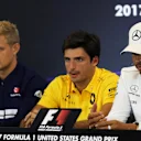 Marcus Ericsson (SWE) Sauber, Carlos Sainz jr (ESP) Renault Sport F1 Team and Lewis Hamilton (GBR) Mercedes AMG F1 in the Press Conference at Formula One World Championship, Rd17, United States Grand Prix, Preparations, Circuit of the Americas, Austin, Texas, USA, Thursday 19 October 2017. © Kym Illman/Sutton Images