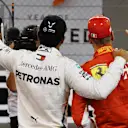 Lewis Hamilton, Mercedes AMG F1 and Sebastian Vettel, Ferrari celebrate in Parc Ferme at Formula One World Championship, Rd21, Abu Dhabi Grand Prix, Qualifying, Yas Marina Circuit, Abu Dhabi, UAE, Saturday 24 November 2018.