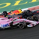 Esteban Ocon, Racing Point Force India VJM11 and Max Verstappen, Red Bull Racing RB14 battle at Formula One World Championship, Rd21, Abu Dhabi Grand Prix, Race, Yas Marina Circuit, Abu Dhabi, UAE, Sunday 25 November 2018.