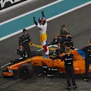 Fernando Alonso, McLaren MCL33 celebrates in Parc Ferme at Formula One World Championship, Rd21, Abu Dhabi Grand Prix, Race, Yas Marina Circuit, Abu Dhabi, UAE, Sunday 25 November 2018.