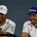 Lewis Hamilton, Mercedes AMG F1 and Fernando Alonso, McLaren in the press conference at Formula One World Championship, Rd21, Abu Dhabi Grand Prix, Preparations, Yas Marina Circuit, Abu Dhabi, UAE, Thursday 22 November 2018.