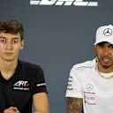 Esteban Ocon, Racing Point Force India and Lewis Hamilton, Mercedes AMG F1 in the press conference at Formula One World Championship, Rd21, Abu Dhabi Grand Prix, Preparations, Yas Marina Circuit, Abu Dhabi, UAE, Thursday 22 November 2018.