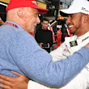Pole sitter Lewis Hamilton (GBR) Mercedes-AMG F1 celebrates in parc ferme with Niki Lauda (AUT) Mercedes AMG F1 Non-Executive Chairman at Formula One World Championship, Rd1, Australian Grand Prix, Qualifying, Melbourne, Australia, Saturday 24 March 2018. © Mark Sutton/Sutton Images