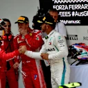Sebastian Vettel (GER) Ferrari and Lewis Hamilton (GBR) Mercedes-AMG F1 celebrate in parc ferme at Formula One World Championship, Rd1, Australian Grand Prix, Race, Melbourne, Australia, Sunday 25 March 2018. © Jerry Andre/Sutton Images