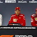 Lewis Hamilton (GBR) Mercedes-AMG F1, Sebastian Vettel (GER) Ferrari and Kimi Raikkonen (FIN) Ferrari in the Press Conference at Formula One World Championship, Rd1, Australian Grand Prix, Race, Melbourne, Australia, Sunday 25 March 2018. © Manuel Goria/Sutton Images
