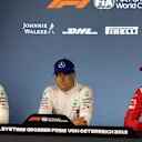 Lewis Hamilton (GBR) Mercedes-AMG F1, Valtteri Bottas (FIN) Mercedes-AMG F1 and Sebastian Vettel (GER) Ferrari in the Press Conference at Formula One World Championship, Rd9, Austrian Grand Prix, Qualifying, Spielberg, Austria, Saturday 30 June 2018. © Manuel Goria/Sutton Images