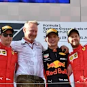 Kimi Raikkonen (FIN) Ferrari, Jonathan Wheatley (GBR) Red Bull Racing Team Manager, mxp and Sebastian Vettel (GER) Ferrari celebrate on the podium at Formula One World Championship, Rd9, Austrian Grand Prix, Race, Spielberg, Austria, Sunday 1 July 2018. © Mark Sutton/Sutton Images