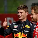 Race winner Max Verstappen (NED) Red Bull Racing and Sebastian Vettel (GER) Ferrari celebrate in parc ferme at Formula One World Championship, Rd9, Austrian Grand Prix, Race, Spielberg, Austria, Sunday 1 July 2018. © Manuel Goria/Sutton Images