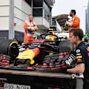 The crashed car of Max Verstappen (NED) Red Bull Racing RB14 is recovered to the pits after FP1 at Formula One World Championship, Rd4, Azerbaijan Grand Prix, Practice, Baku City Circuit, Baku, Azerbaijan, Friday 27 April 2018. © Mark Sutton/Sutton Images