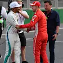 Pole sitter Sebastian Vettel (GER) Ferrari and Lewis Hamilton (GBR) Mercedes-AMG F1 celebrate in parc ferme at Formula One World Championship, Rd4, Azerbaijan Grand Prix, Qualifying, Baku City Circuit, Baku, Azerbaijan, Saturday 28 April 2018. © Mark Sutton/Sutton Images