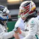 Valtteri Bottas (FIN) Mercedes-AMG F1 and Lewis Hamilton (GBR) Mercedes-AMG F1 celebrate in parc ferme at Formula One World Championship, Rd4, Azerbaijan Grand Prix, Qualifying, Baku City Circuit, Baku, Azerbaijan, Saturday 28 April 2018. © Jerry Andre/Sutton Images