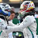 Valtteri Bottas (FIN) Mercedes-AMG F1 and Lewis Hamilton (GBR) Mercedes-AMG F1 celebrate in parc ferme at Formula One World Championship, Rd4, Azerbaijan Grand Prix, Qualifying, Baku City Circuit, Baku, Azerbaijan, Saturday 28 April 2018. © Jerry Andre/Sutton Images