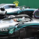 Lewis Hamilton (GBR) Mercedes-AMG F1 W09 EQ Power+ and Valtteri Bottas (FIN) Mercedes-AMG F1 W09 EQ Power+ in parc ferme at Formula One World Championship, Rd4, Azerbaijan Grand Prix, Qualifying, Baku City Circuit, Baku, Azerbaijan, Saturday 28 April 2018