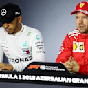 Lewis Hamilton (GBR) Mercedes-AMG F1 and Sebastian Vettel (GER) Ferrari in the Press Conference at Formula One World Championship, Rd4, Azerbaijan Grand Prix, Qualifying, Baku City Circuit, Baku, Azerbaijan, Saturday 28 April 2018. © James Gasperotti/Sutton Images