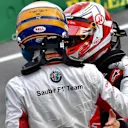 Marcus Ericsson (SWE) Alfa Romeo Sauber F1 Team and Kevin Magnussen (DEN) Haas F1 in parc ferme at Formula One World Championship, Rd4, Azerbaijan Grand Prix, Race, Baku City Circuit, Baku, Azerbaijan, Sunday 29 April 2018. © Jerry Andre/Sutton Images