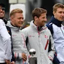 Kevin Magnussen (DEN) Haas F1, Romain Grosjean (FRA) Haas F1 and Sergey Sirotkin (RUS) Williams on the drivers parade at Formula One World Championship, Rd4, Azerbaijan Grand Prix, Race, Baku City Circuit, Baku, Azerbaijan, Sunday 29 April 2018. © Jerry A